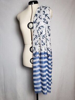 mia & tess Nautical Blue & White Anchor Stripe Scarf 70" L X 27" W NWT